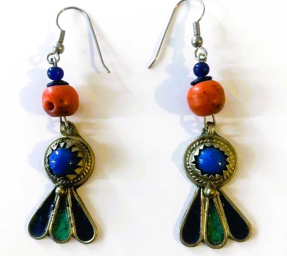 Boho Dangle Earrings • Mixed Metal and Bead Design • Blue & Orange Accents